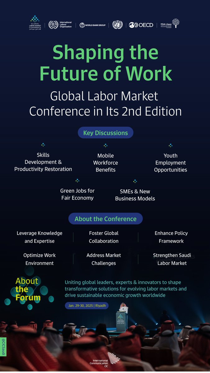 CICSaudi's tweet image. 200+ global leaders from 50 countries gather in Riyadh on Jan 29-30 at the 2nd edition of the @Global_LMC to shape tomorrow&apos;s labor market. #GLMC2025 #FutureInProgress