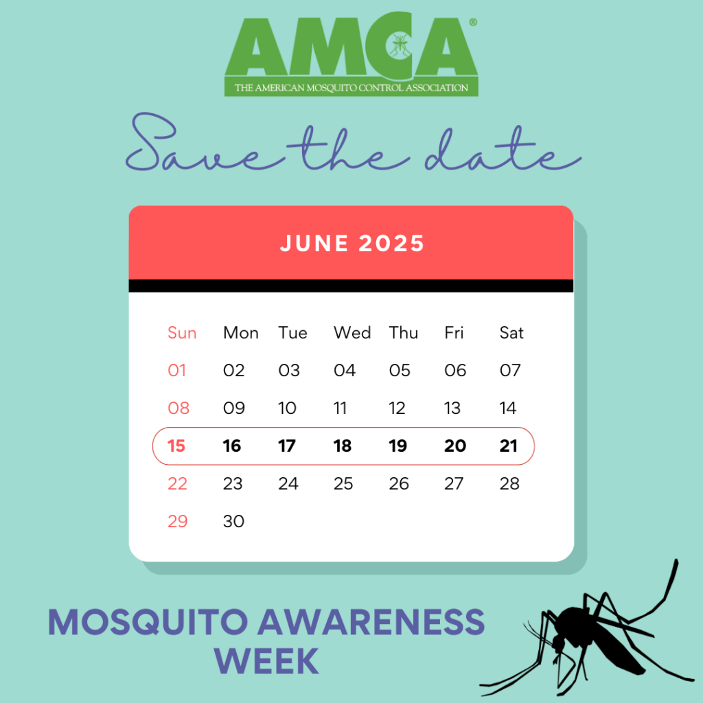 AMCAmosquito's tweet photo. For those who love to plan ahead, save the date! National Mosquito Control Awareness Week will be June 15-21, 2025. What events, activities, or collaborations will you come up with? #AMCA #mosquitocontrol #mosquitocontrolawarenessweek #mosquitoawareness https://t.co/BiXYjzfPji