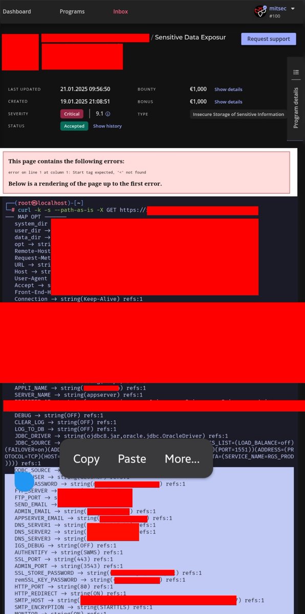 ynsmroztas's tweet image. if you get an error like this when you make a request "error on line 1 at column 1: Start tag expected, '&lt;' not found"
, you can get a lot of information by using curl -k -s --path-as-is -X GET https :// (domain).com/x/document(.jsp,otp,irs,php) command outside of SQL or XXE 🥰🌹…