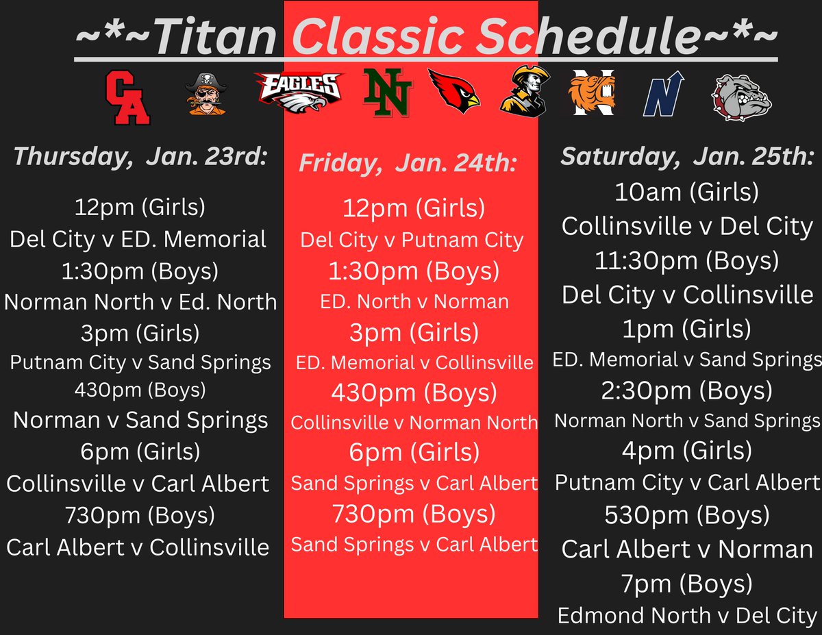 Carl Albert Menβs Basketball (@catitansmbb) on Twitter photo π£οΈπ’ 2025 TITAN CLASSIC KICKS OFF 2 DAYS...
FOLLOW US & <a href="/LadyTitans_BB/">CA Lady Titans BB</a> for all TITAN CLASSIC BASKETBALL UPDATES
Public Entry Price Passes:
$10 (1day) / $15 (2day)
$25 (3day) / $5 for students
Can't make it? Games will be live streamed online at oksportsnet.com
#CADNA π£οΈπ’ 2025 TITAN CLASSIC KICKS OFF 2 DAYS...
FOLLOW US & <a href="/LadyTitans_BB/">CA Lady Titans BB</a> for all TITAN CLASSIC BASKETBALL UPDATES
Public Entry Price Passes:
$10 (1day) / $15 (2day)
$25 (3day) / $5 for students
Can't make it? Games will be live streamed online at oksportsnet.com
#CADNA