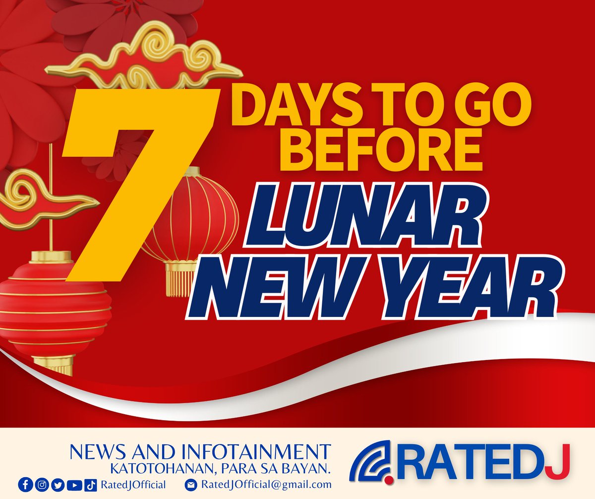 RatedJOfficial's tweet photo. COUNTDOWN TO LUNAR NEW YEAR
7 Days na lang bago ang pagdiriwang ng Lunar New Year!
Gong Xi Fa Cai!

#CNY
#RatedJ
#Singapore
#OFW https://t.co/I8vfpeT6l5