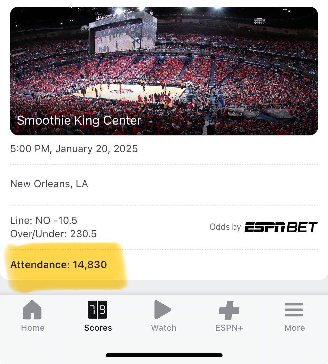 LonelyNBASeats's tweet photo. Reported Attendance: 14,830 (88% capacity)
AI Estimated: 6,000 (35%)

Are you kidding me? Maybe 8k extra people were in the bathroom hiding the whole game. 

@PelicansNBA @PelicansPR @NBA #nba #basketball #nbalies #pelicans #jazz #dunk @WorldWideWob @MRyan_Pelicans https://t.co/HdSDVRViom