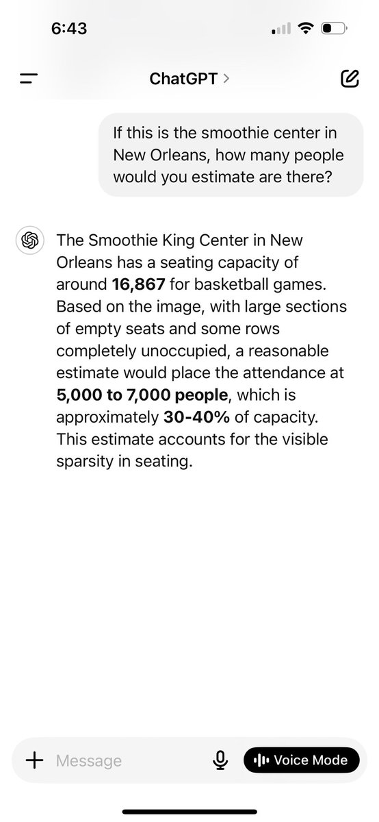 LonelyNBASeats's tweet photo. Reported Attendance: 14,830 (88% capacity)
AI Estimated: 6,000 (35%)

Are you kidding me? Maybe 8k extra people were in the bathroom hiding the whole game. 

@PelicansNBA @PelicansPR @NBA #nba #basketball #nbalies #pelicans #jazz #dunk @WorldWideWob @MRyan_Pelicans https://t.co/HdSDVRViom