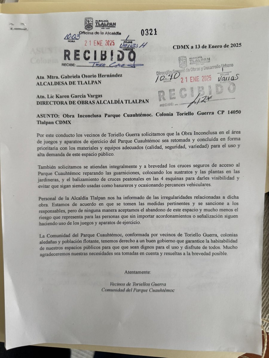ParqCuauhtemoc's tweet photo. El día de hoy se ingresó a @TlalpanAl petición de Terminación de Obra en @ParqCuauhtemoc respaldada por 435 firmas auténticas de integrantes de la comunidad de nuestro amado parque ubicado en Toriello Guerra. Pedimos atentamente a @Gabyosoriohdz su atención y pronta resolución. https://t.co/qQSarOXgUi