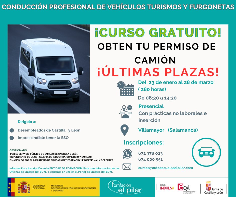 🅲🆄🆁🆂🅾  🅶🆁🅰🆃🆄🅸🆃🅾
⚠️𝙐́𝙇𝙏𝙄𝙈𝘼𝙎 𝙋𝙇𝘼𝙕𝘼𝙎 ❗ 👉OBTEN TU PERMISO DE CAMIÓN🚛👈
📅Del 23 de enero al 28 de marzo ( 280 horas)
⏰ De 8:00 a 14:30
𝗜𝗻𝘀𝗰𝗿𝗶𝗽𝗰𝗶𝗼𝗻𝗲𝘀:
📲672 378 023 📲674 000 551
👫Presencial con prácticas no laborales e 𝗶𝗻𝘀𝗲𝗿𝗰𝗶𝗼́𝗻.