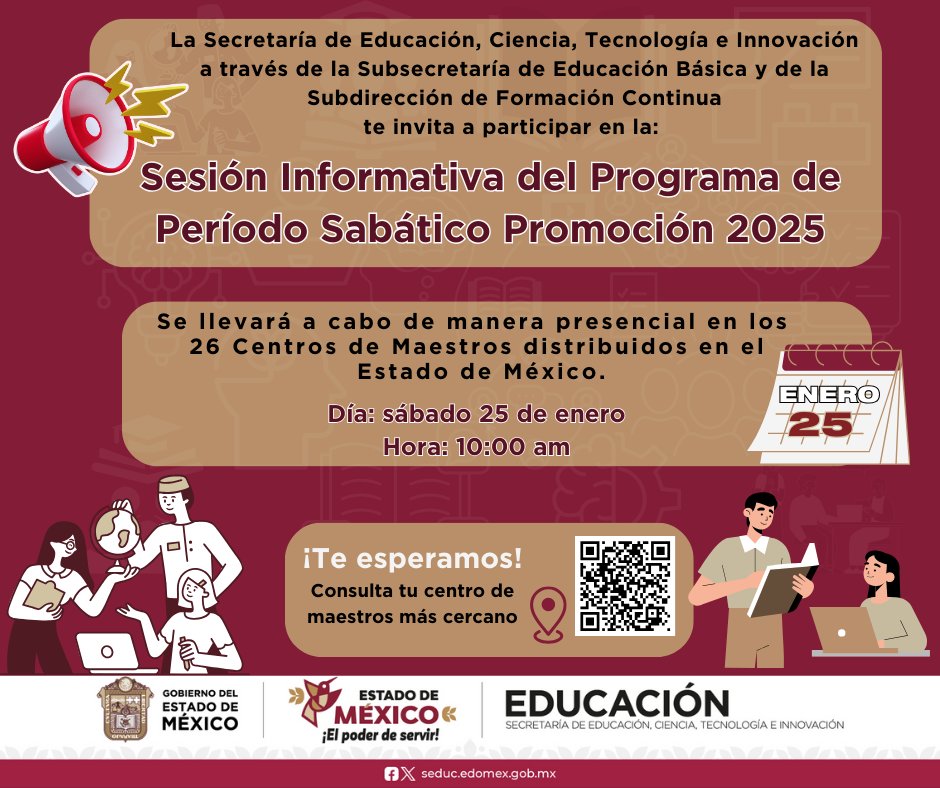 Subdirección de Formación Continua (@subdireccionc) on Twitter photo ¡Te invitamos a participar en la Sesión Informativa del Programa de Período Sabático, Promoción 2025!
Día: sábado 25 de enero
Hora: 10:00 AM
Lugar: De manera presencial en los 26 Centros de Maestros distribuidos en el Estado de México.
Te esperamos para resolver todas tus dudas. ¡Te invitamos a participar en la Sesión Informativa del Programa de Período Sabático, Promoción 2025!
Día: sábado 25 de enero
Hora: 10:00 AM
Lugar: De manera presencial en los 26 Centros de Maestros distribuidos en el Estado de México.
Te esperamos para resolver todas tus dudas.