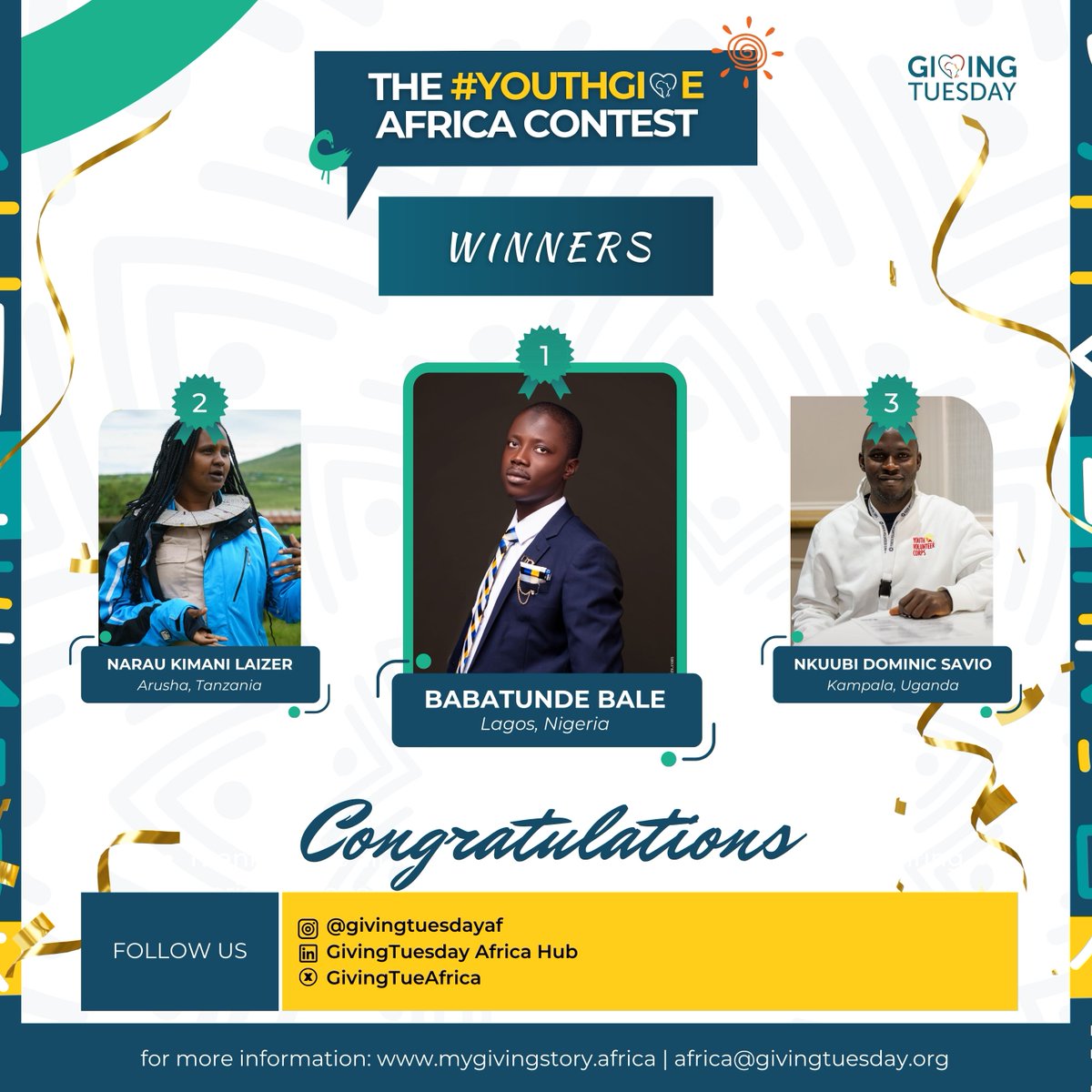 GivingTueAfrica's tweet photo. The #YouthGiveAfrica contest brought together over 500 inspiring stories of #generosity by young #changemakers.
While the contest was competitive, every participant is a #champion in their own right.
#Congratulations once again to all the participants! 

https://t.co/5QA89TFpXL https://t.co/lDSLMs6pGY