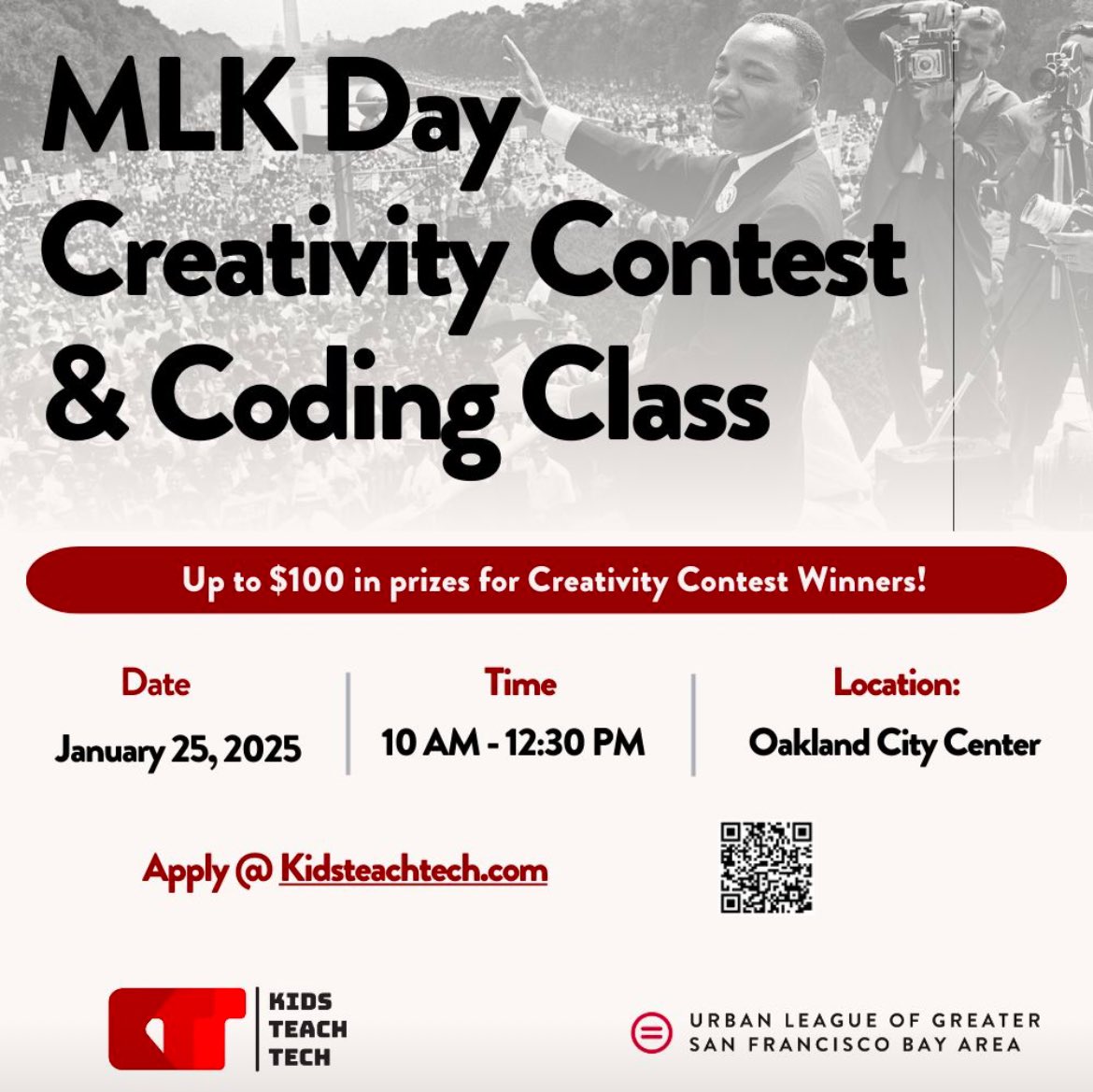 Join us this Saturday for our Annual Creativity Contest and Coding Day in tribute to MLK with Urban League of Greater San Francisco Bay Area.

Up to $100 in prizes for the creativity contest! Click here for the details===> kidsteachtech.com/appMQt07n1pWiS…