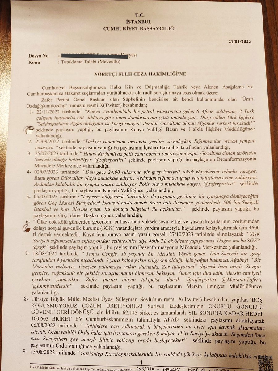 ConflictTR's tweet photo. 🔴Gazeteci İsmail Saymaz:

Ümit Özdağ’ın tutuklamaya sevk yazısında 11 tweet suç unsuru olarak gösteriliyor.
Bunlardan ikisi 2020 yılına, dördü 2022’ye, dördü 2023’e, biri 2024’e ait. https://t.co/CZFSLdkyym