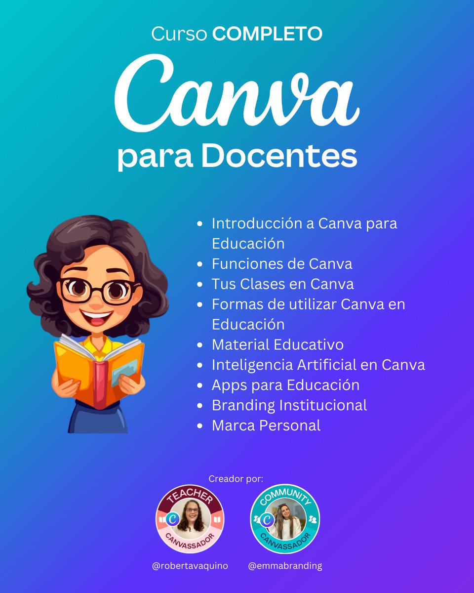 ¿Qué te parece convertirte en un Canva Expert? Esto será posible con el curso Canva para Docentes, curso creado por mi y Emma Segura, donde podrás adquirir todas las habilidades para aplicar Canva con maestría en tu labor.
¡Registrate hoy mismo! emmasegura.com/educacion/