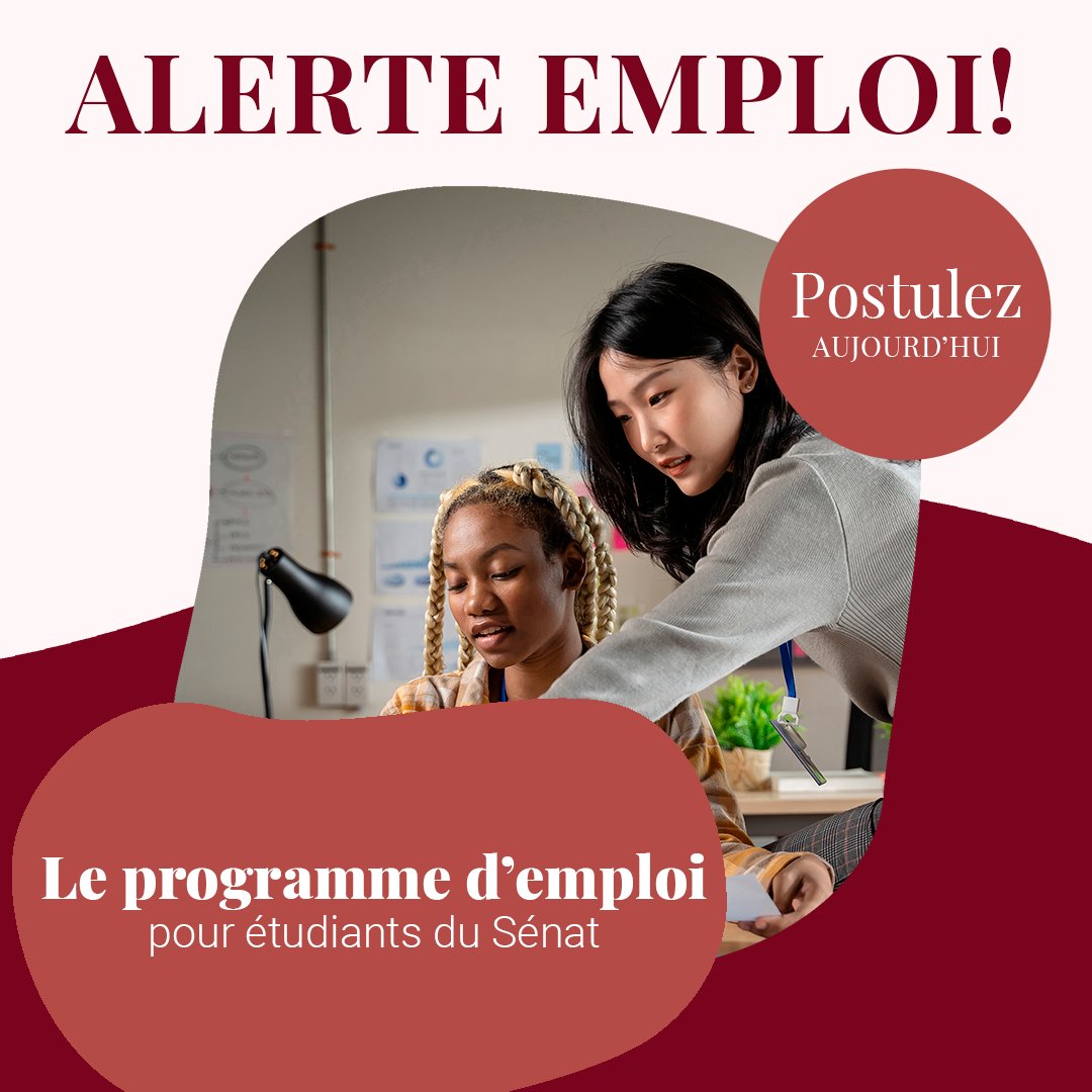 Tu cherches une raison pour postuler au programme d’emploi étudiant du Sénat? En voici trois!

➡️ Une expérience professionnelle diversifiée
➡️ L’occasion d’acquérir de nouvelles compétences
➡️ La chance de développer un réseau professionnel

Si tu es un étudiant à la recherche