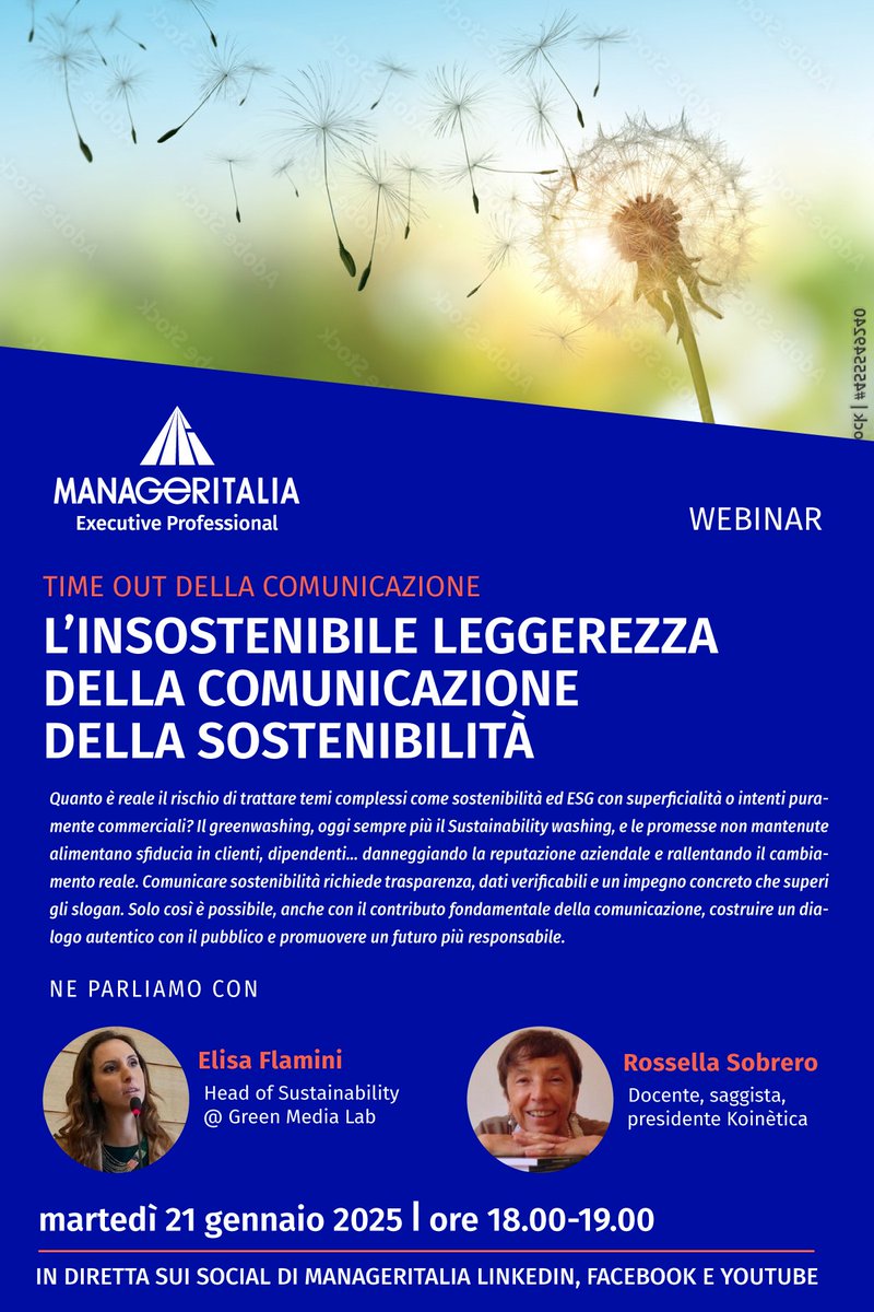 manageritalia's tweet image. 💡 Un nuovo #TimeOut della Comunicazione in diretta sui social Manageritalia. Come comunicare la sostenibilità? Vi aspettiamo alle 18 con Elisa Flamini di Green Media Lab e Rossella Sobrero di Koinètica.  SEGUITE E PARTECIPATE QUI:
bit.ly/3WoqsGw