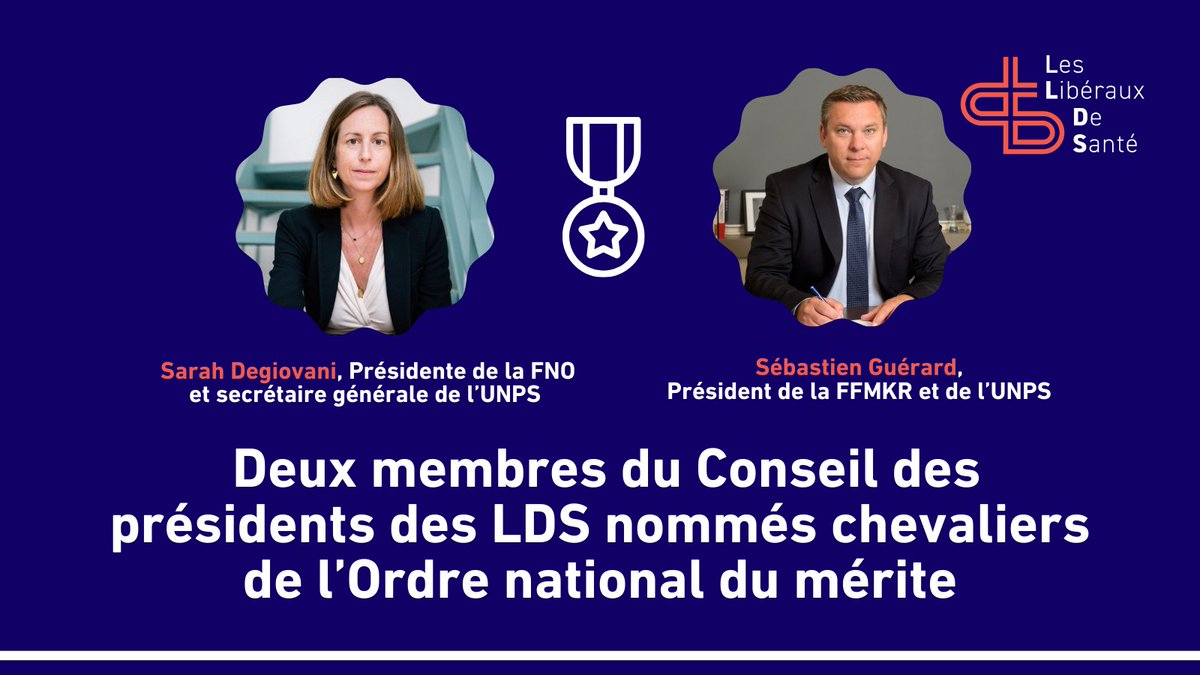Les Libéraux de santé (@liberauxdesante) on Twitter photo 🎖 Deux membres du Conseil des présidents des LDS nommés chevaliers de l’Ordre national du mérite ⤵
💡 Les Libéraux de santé adressent leurs félicitations à <a href="/sarahdegio/">Sarah Degiovani</a> et <a href="/SbastienGUERAR2/">Sébastien Guérard</a>
Bravo à eux ! 👏
<a href="/orthophonistes/">FNO</a> <a href="/UNPS10/">L'Union Nationale des Professionnels de Santé</a> <a href="/_FFMKR/">FFMKR</a>. 🎖 Deux membres du Conseil des présidents des LDS nommés chevaliers de l’Ordre national du mérite ⤵
💡 Les Libéraux de santé adressent leurs félicitations à <a href="/sarahdegio/">Sarah Degiovani</a> et <a href="/SbastienGUERAR2/">Sébastien Guérard</a>
Bravo à eux ! 👏
<a href="/orthophonistes/">FNO</a> <a href="/UNPS10/">L'Union Nationale des Professionnels de Santé</a> <a href="/_FFMKR/">FFMKR</a>.