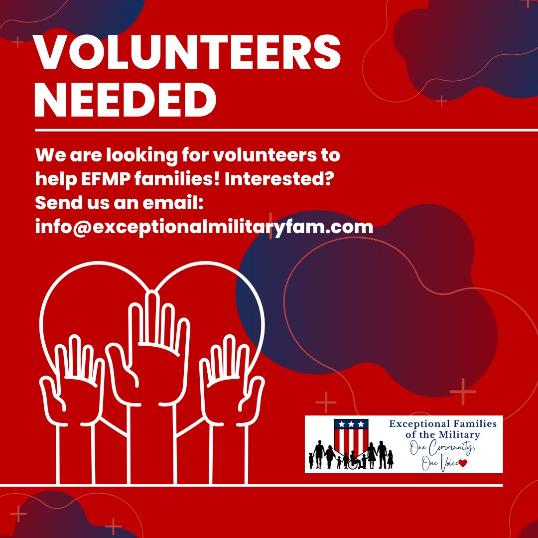 EFMVoice's tweet photo. Are you looking to make a positive impact on behalf of #EFMP families?  Then please inquire about #volunteering with Exceptional Families of the Military (EFM)!

#EFMVoice #military #advocate #militaryfamilies #militaryfamily #TRICARE https://t.co/wqxYzxNTvb
