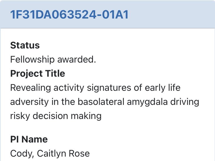 Thrilled to share the notice of award for my F31 NRSA application with NIDA!Science truly takes a village, and I’m feeling particularly built up by mine today.