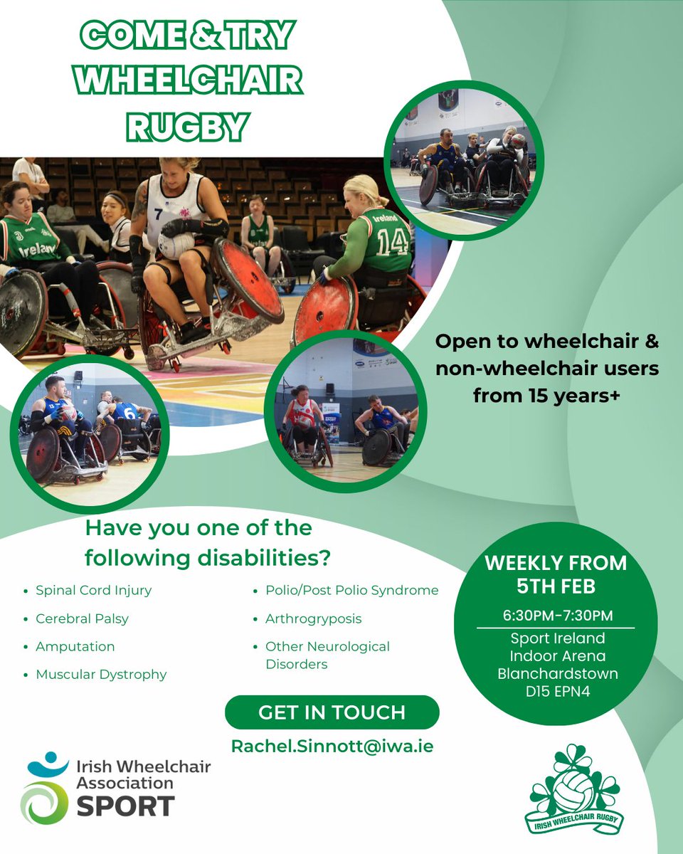 Wheelchair Rugby returns to Dublin! The thrilling sport takes place at <a href="/sportireland/">Sport Ireland</a> Indoor Arena Wednesdays from February 5th and open to anyone 15+ with a physical disability!

Contact Rachel to seal your place and learn from Irish Wheelchair Rugby players!

<a href="/WheelsInGreen/">Wheelchair Rugby IRL</a>