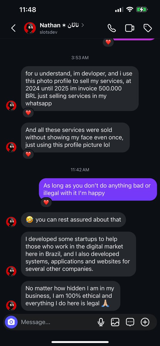 Rafsby's tweet photo. A stranger from Brazil messaged saying “Thanks for save my life”. 
They found my PFP on Pinterest and have been using it to sell web services online to the tune of $82,000 USD last year.👍
Next here’s a YouTube account with 1.1m subs. Check its PFP. 👀
Web2 is ripe for beasts. 🍏 https://t.co/Lyy43MYGZM