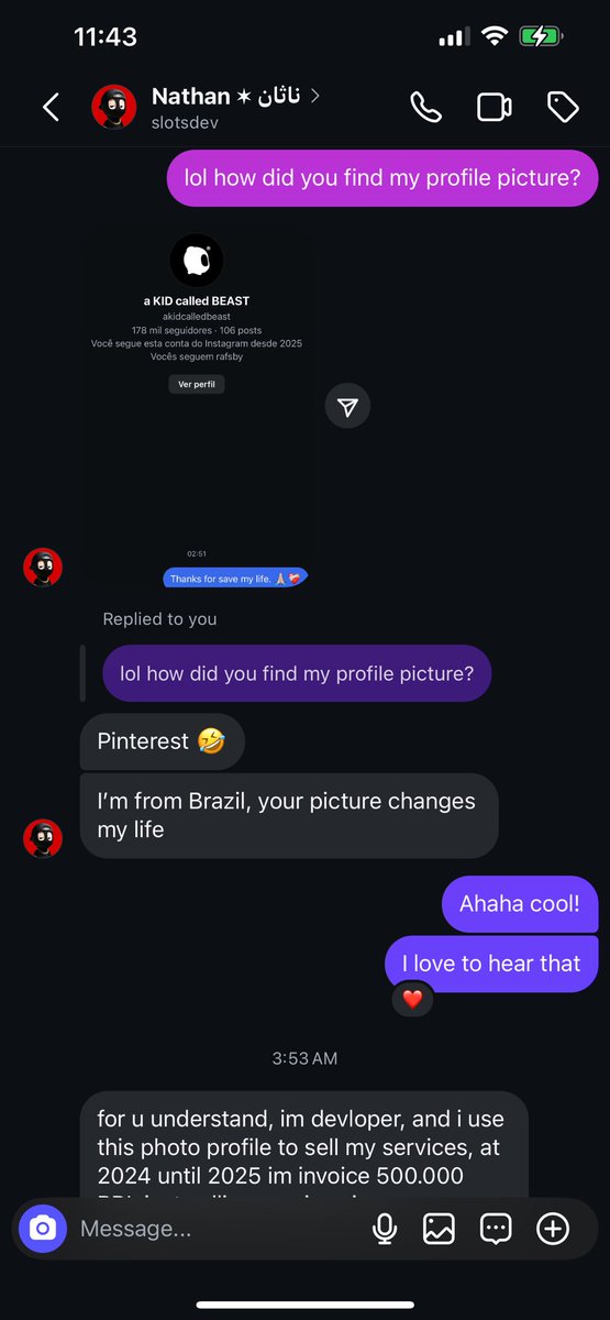 Rafsby's tweet photo. A stranger from Brazil messaged saying “Thanks for save my life”. 
They found my PFP on Pinterest and have been using it to sell web services online to the tune of $82,000 USD last year.👍
Next here’s a YouTube account with 1.1m subs. Check its PFP. 👀
Web2 is ripe for beasts. 🍏 https://t.co/Lyy43MYGZM