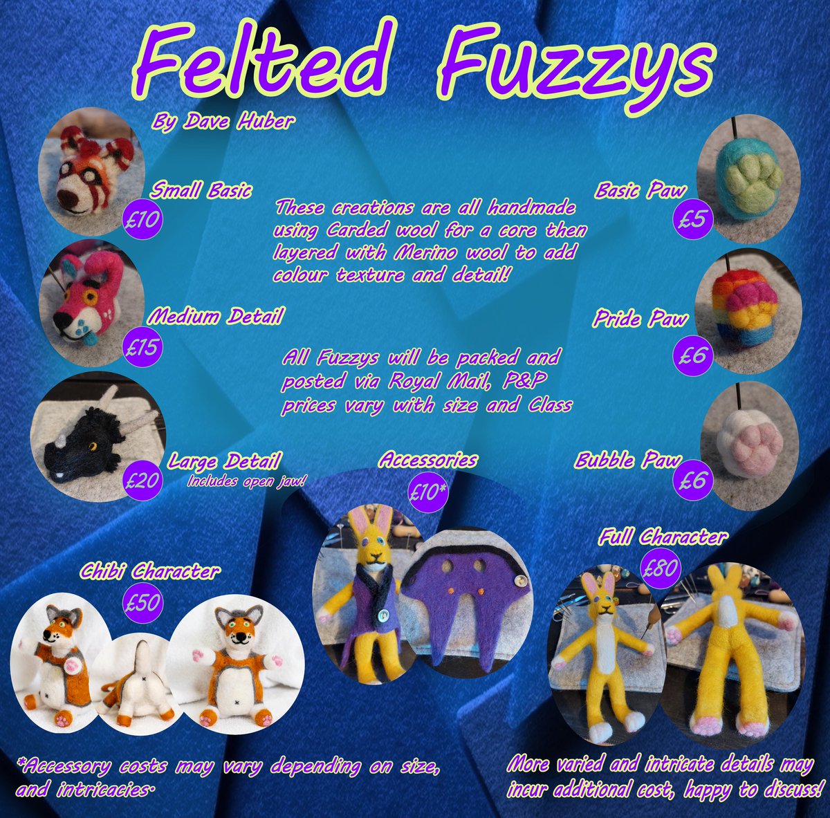 Don't really use Twitter all that much anymore, but just to exhaust all options for potential patronage!
I'm open to felting commisions once again! I now have more detailed full character models and accessories on offer! Feel free to comment or DM me if you wanna get a slot. :3