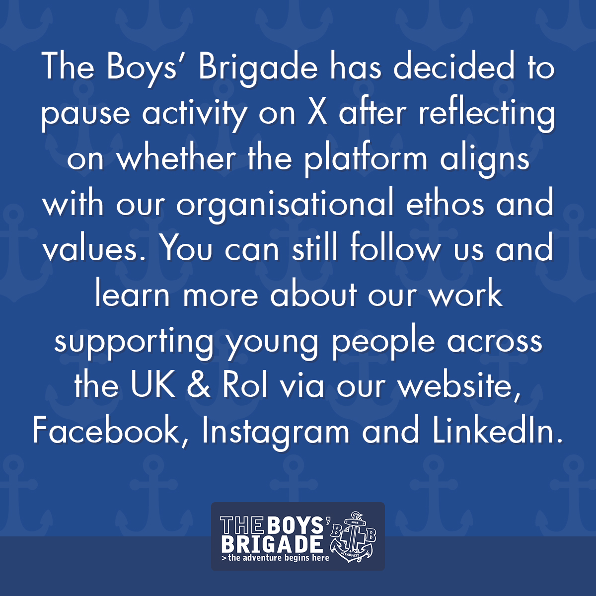 A message from us about our activity on X.

Come and join us on one of our other platforms at these links:

Facebook: facebook.com/theboysbrigade
Instagram: instagram.com/theboysbrigade…
LinkedIn: linkedin.com/company/theboy…