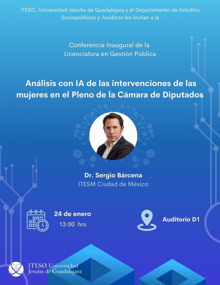 Este 24 arrancamos el semestre de la lic. en Gestión Pública en el <a href="/ITESO/">ITESO</a> con un invitado de lujo, <a href="/SergioAbarcena/">@data_serch</a>, quien nos expondrá una innovadora forma de hacer análisis legislativo con IA.