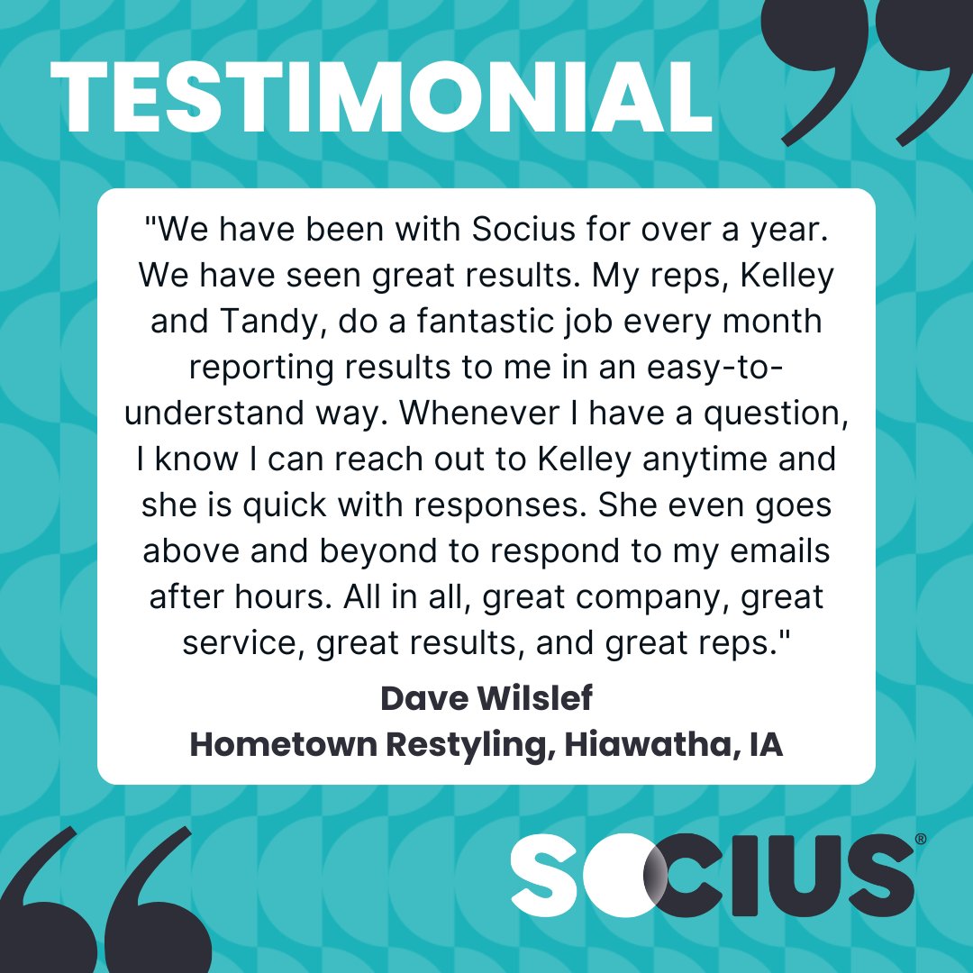 Thank you to Dave of Hometown Restyling for this incredible review! 🌟 We’re so happy to hear about the impact Kelley, Tandy, and the rest of the Socius team have made over the past year. Providing clear insights, quick responses, and top-notch service is what we’re all about! 💪