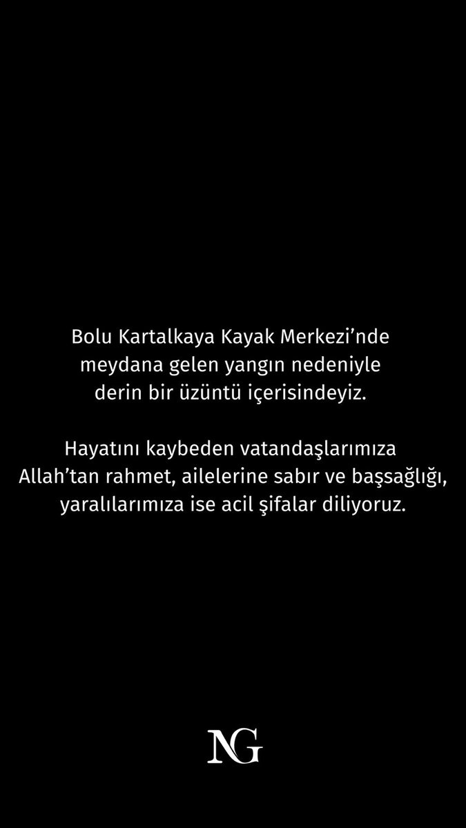 Bolu Kartalkaya Kayak Merkezi’nde meydana gelen yangın nedeniyle derin bir üzüntü içerisindeyiz. 

Hayatını kaybeden vatandaşlarımıza Allah’tan rahmet, ailelerine sabır ve başsağlığı, yaralılarımıza ise acil şifalar diliyoruz.