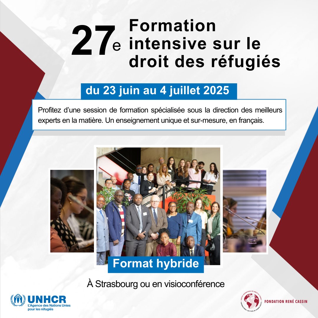 UNHCRfrance's tweet photo. Vous souhaitez étudier de manière plus approfondie le droit international des réfugiés, sous la direction d’experts @Onu_fr ?

Inscrivez-vous à la 27ème formation intensive, du 23 juin au 4 juillet 2025, à Strasbourg ou à distance ! @IIDHStrasbourg

➡️ https://t.co/a4N1BoTRtB https://t.co/nqGooWSkQD