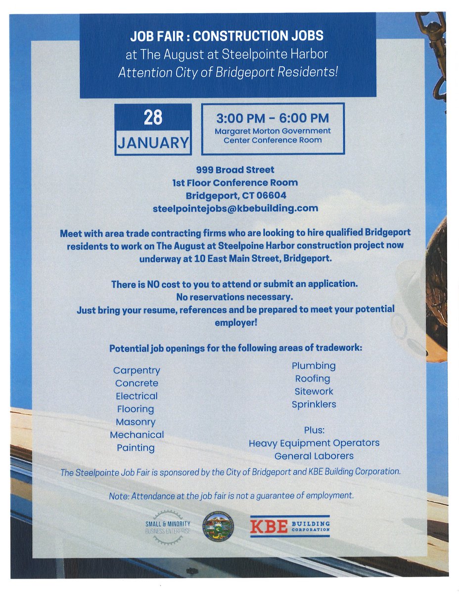 CityofBptCT's tweet photo. Steelpointe Harbor is having a job fair! Stop by the Margaret E. Morton Government Center on January 28th from 3:00-6:00pm with your resume and references to become a part of a team working on an exciting development in Bridgeport. Refer to the list for available positions. https://t.co/s9BXOORMmU