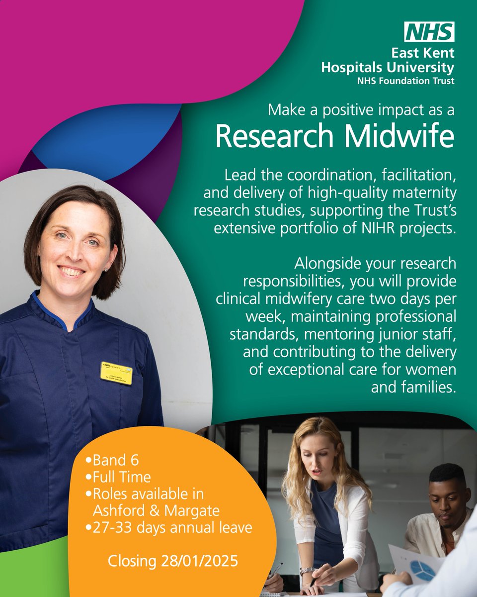 We’re hiring Research Midwives to join our Midwifery team at East Kent Hospitals University NHS Foundation Trust! 💙 

📍 Apply now:
Margate: orlo.uk/6834705_phJHI
Ashford: orlo.uk/6834468_xzdkK

#NHSJobs #MidwifeJobs