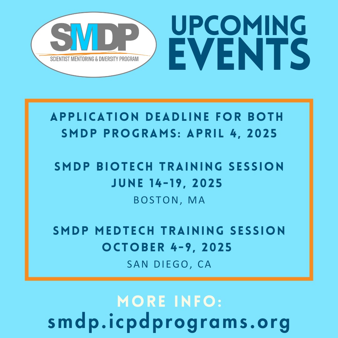 The 2025 SMDP applications are now open, SMDP is a one year #career #mentoring program that pairs diverse #students and career researchers with mentors who work at companies in the medical technology &amp; #biotechnology industries. To apply for SMDP, visit: smdp.icpdprograms.org