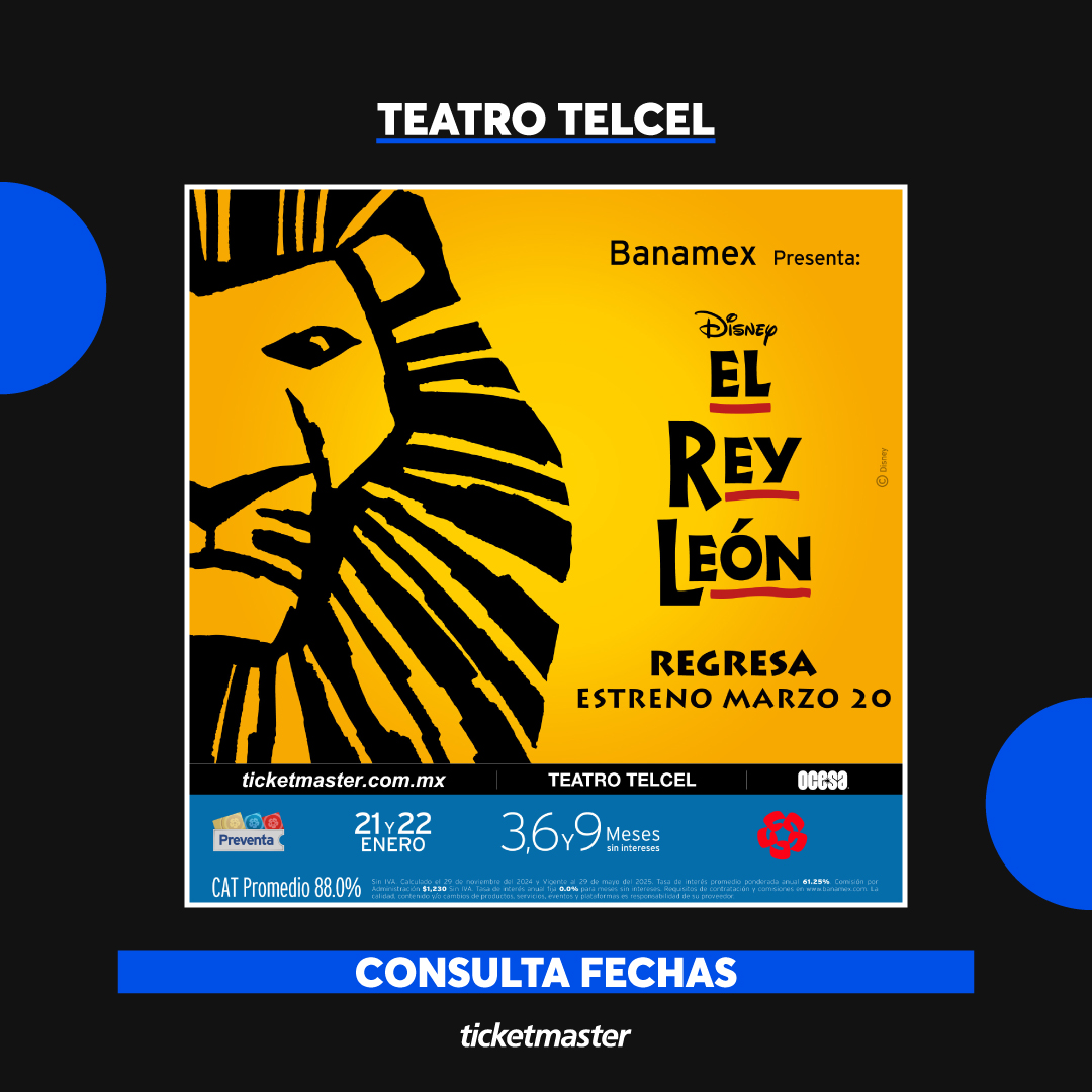 Ticketmaster_Me's tweet photo. 🦁 Prepárate para rugir y recordar quién eres, mientras disfrutas de "El Rey León”, el musical de Disney en el #TeatroTelcel 🐾🌅⁣
⁣
No te pierdas de uno de los musicales más exitosos de todos los tiempos y compra tus 🎟️🎟️ con la #PreventaBanamex desde tu celular aquí 👇⁣
⁣https://t.co/PQzrIN9QHT