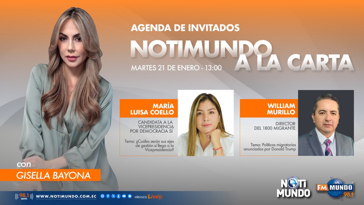 🌎 #NotimundoALaCarta | <a href="/gisella_bayona/">Gisella Bayona</a> te trae las noticias más destacadas a la mitad de la jornada. Hoy con:

🎙 <a href="/MALUISACOELLOR/">Maria Luisa Coello</a> 
🎙️ William Murillo

📽️ Míranos #EnVivo ➡️ youtube.com/@FmMundoLive

📻 98.1 FM #Quito

📲 fmmundo.com