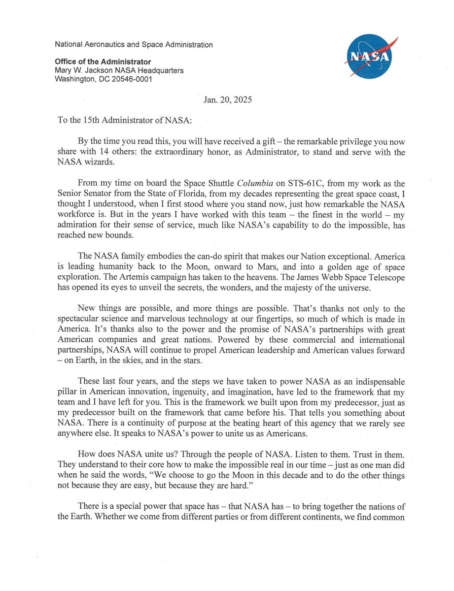 SenBillNelson's tweet image. My letter to the next NASA Administrator: