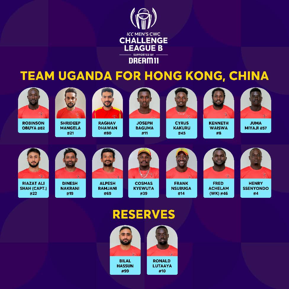 Cricket fans, here is the Cricket Cranes squad for the second round of the Challenge League B, set to take place in Hong Kong, China, from February 4th to 16th

Let’s rally behind the team and cheer them on 🔥 

#LetsGoCricketCranes #CricketUganda