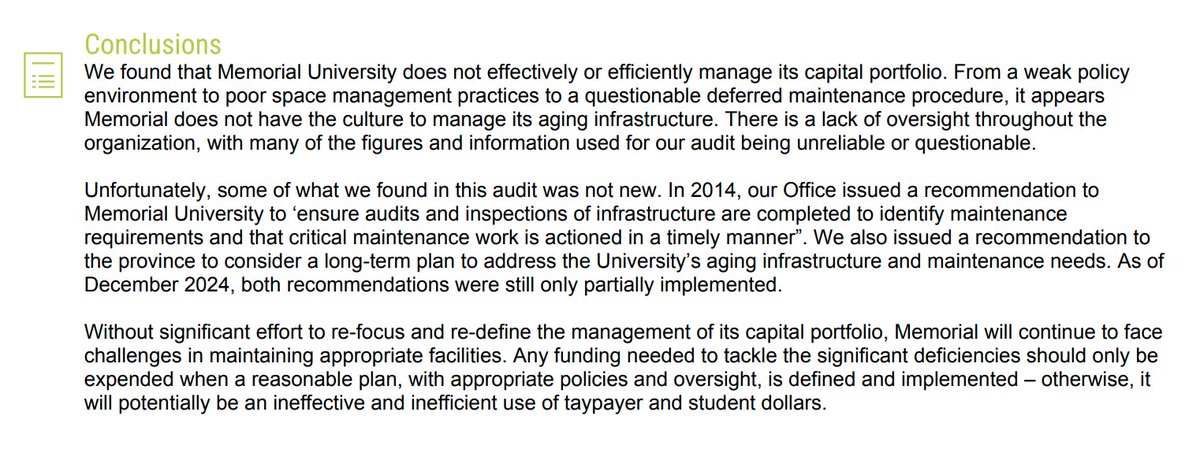 Bill Kavanagh (@cupe1615pres) on Twitter photo I am rather concerned yet not surprised by conclusions of <a href="/OAG_NL/">Office of the Auditor General</a> in the Independent Auditor's Report on Memorial University Facilities Management.
"funding needed to tackle the significant deficiencies"
#FUNDMUN
I encourage you to review for yourself.
ag.gov.nl.ca/files/Memorial… I am rather concerned yet not surprised by conclusions of <a href="/OAG_NL/">Office of the Auditor General</a> in the Independent Auditor's Report on Memorial University Facilities Management.
"funding needed to tackle the significant deficiencies"
#FUNDMUN
I encourage you to review for yourself.
ag.gov.nl.ca/files/Memorial…