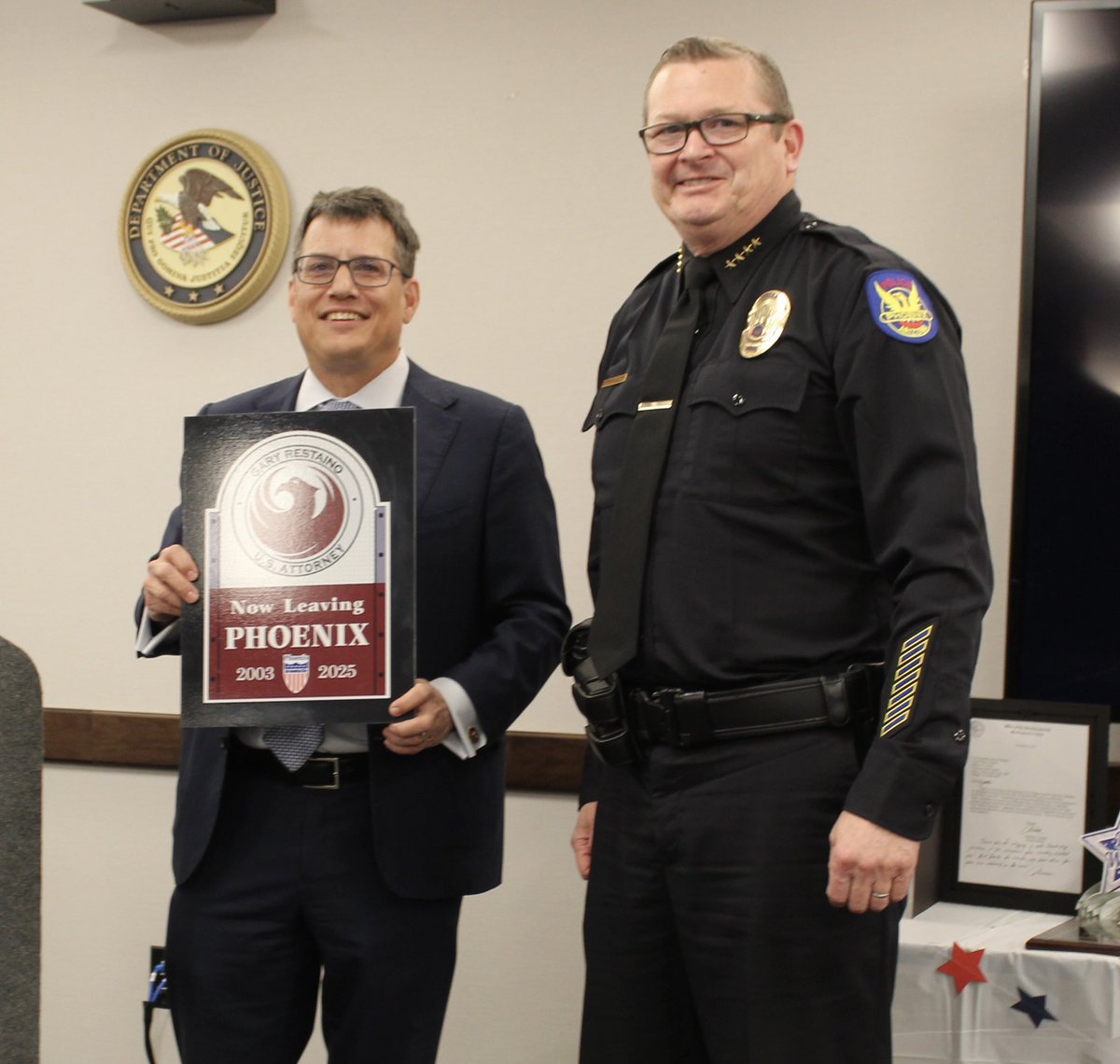 This past week I was able to catch up with retiring U.S. Attorney for the <a href="/USAO_AZ/">US Attorney Arizona</a> Gary Restaino, to thank him for his incredible partnership with <a href="/PhoenixPolice/">Phoenix Police</a> over the past couple of years. Enjoy retirement.