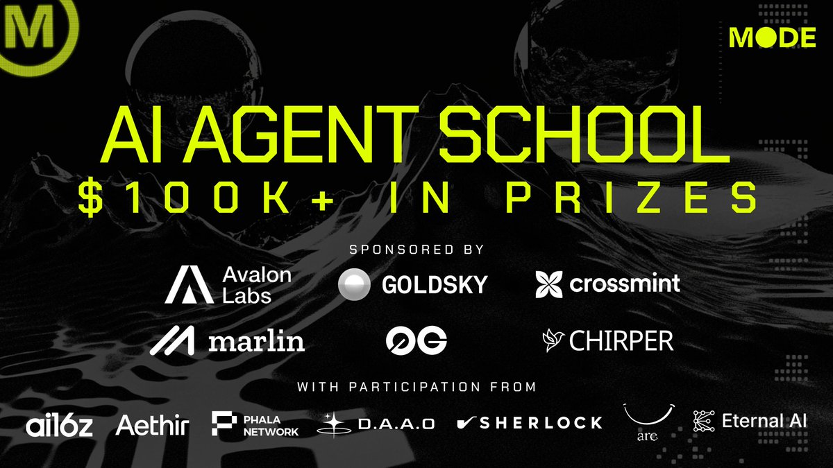 More agents. More sponsors. More DeFAI.

Announcing follow-on sponsorship for Mode's AI Agent school from <a href="/0G_labs/">0G Labs (Ø,G) - AI L1</a> <a href="/MarlinProtocol/">Marlin</a> 

Plus participation from <a href="/CryptoEternalAI/">Eternal AI</a> 

Entries are closed for now. But you can always find and join an existing team, here: