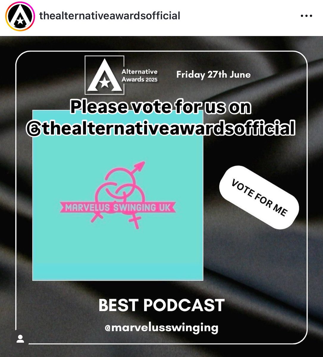 Marvelusswingin's tweet photo. Please head over to @thealternativeawardsofficial instagram page and vote for us by liking our poster on their wall. #Swingers #SpicyMatch #MarvelUs xxx https://t.co/AFmKkdrlru