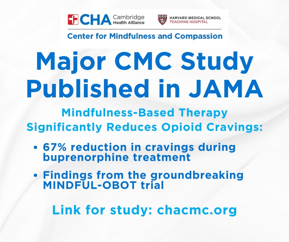 📢 Big News!
Our landmark study, published today in JAMA, shows that mindfulness-based therapy during buprenorphine treatment significantly reduces opioid cravings by 67%! Read more: chacmc.org

#CMC #Mindfulness #OpioidRecovery #OpioidCrisis