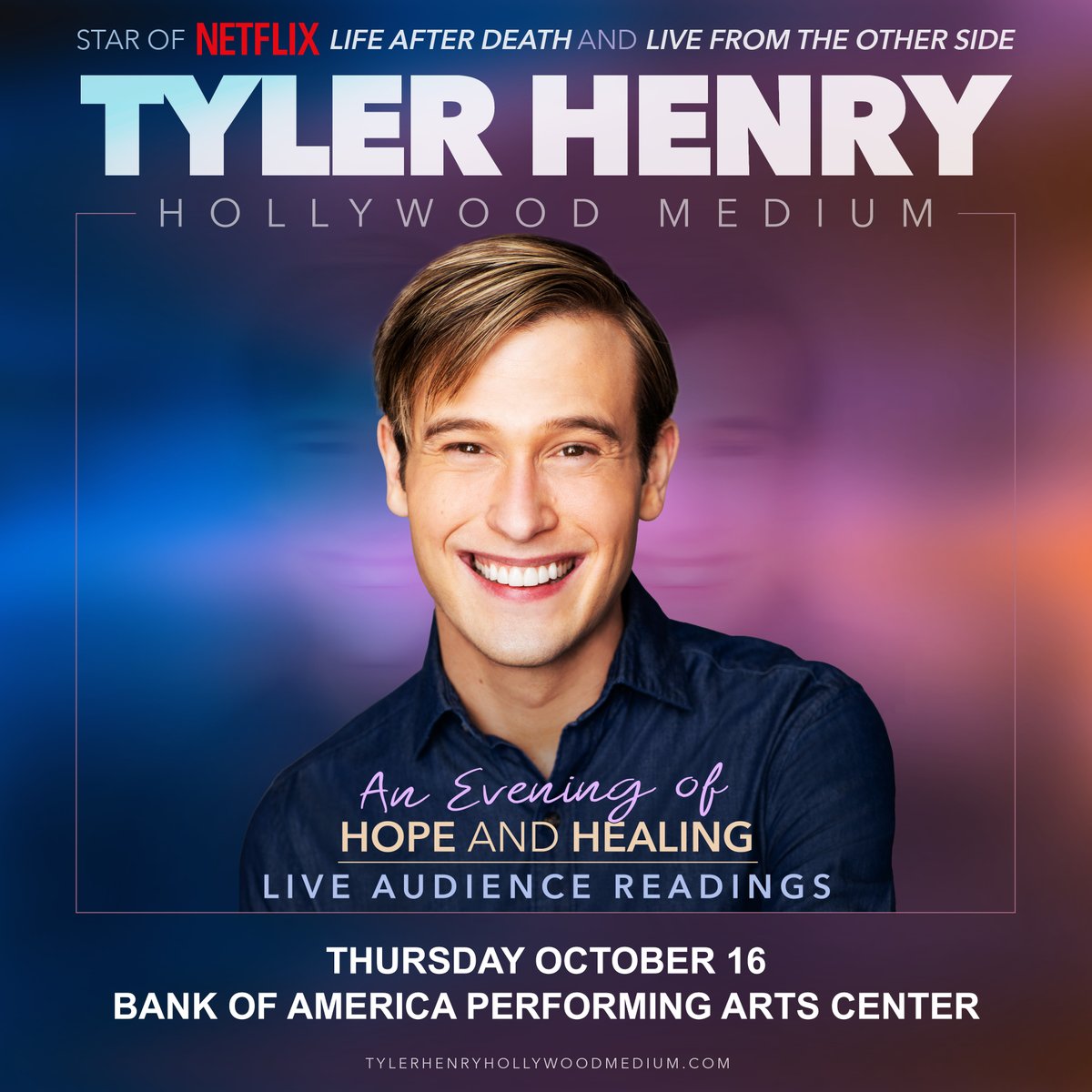 Just Announced: NETFLIX Series Star Tyler Henry, The Hollywood Medium is coming to BAPAC on Oct. 16th for his one-of-a-kind live show An Evening of Hope and Healing. Tyler will be discussing his gift and sharing unparalleled insights into the afterlife.

Tickets on Sale Friday