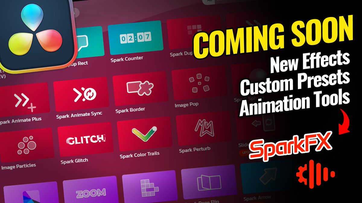 SparkFXStudio's tweet photo. SparkFX new updates coming soon!  These updates will include new easy to use timeline effects, customizable effect presets, animation tools and much more.   Go to https://t.co/9SSEs7SSwH to download SparkFX and start editing faster in Davinci Resolve. #videoeditor #sparkfx https://t.co/pcDcDCeESq