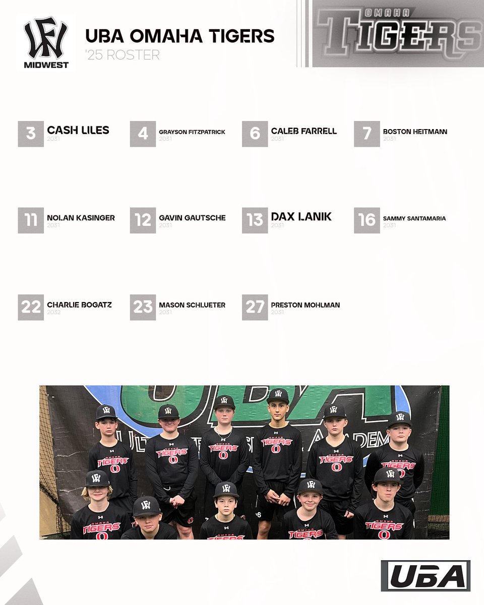 Introducing the 2025 UBA Omaha Tigers 12U Black baseball squad.  This is going to be a fun and exciting year for these boys! ⚾️🐯👊
<a href="/OMAHATIGERS/">Omaha Tigers Baseball Club, UBA</a> 
<a href="/ubanebraska/">Ultimate Baseball Academy</a> 
<a href="/WowMidwest2031/">Wow Factor Omaha 13U</a> 
<a href="/dvallinch/">Dave Vallinch</a>