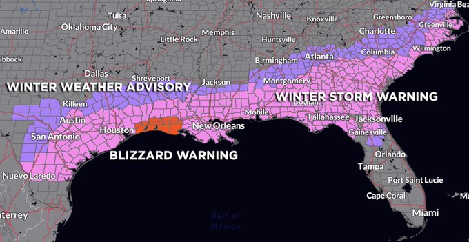 Diamondthedave's tweet photo. For the first time in recorded history, the immediate GULF COAST is under a blizzard warning.  
This is likely a once-in-a-lifetime event—a generational storm we may never witness again. Or is it?
#MagneticExcursion #winterstormenzo https://t.co/qZL9scLChT