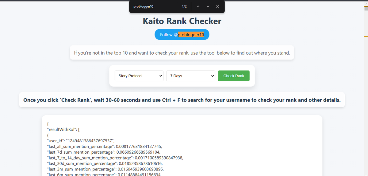 0xSatwik's tweet photo. Struggling to find your Story Protocol rank? Use this simple tool to check your rank and other Kaito details effortlessly:

Go to: https://t.co/pft8xERSXA

Select Story Protocol from the dropdown.

Choose your preferred duration (7 days, 30 days, 3 months, or 6 months).

Click Check Rank.

Once the data loads, use Ctrl + F to search for your username.

Find out where you stand!

 ꧁IP꧂ is programmable

Thank you @stepaks576 for this idea

https://t.co/enBmMOKyCU