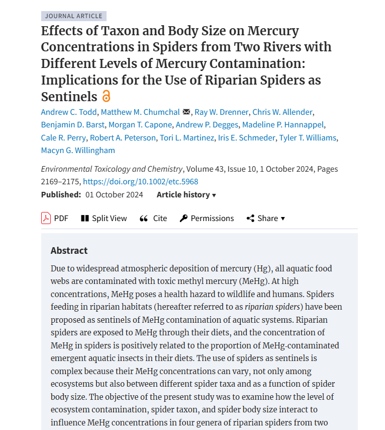 BenthicBrigade's tweet photo. Congrats to Iris Schmeder, one of our '24 summer interns, on her first co-authorship! This paper investigated of utilizing riparian spiders as sentinels of mercury contamination in aquatic environments. Interested in learning more? Read the full paper 🎉https://t.co/NgsauTioGx. https://t.co/LRJ0ZOioMw