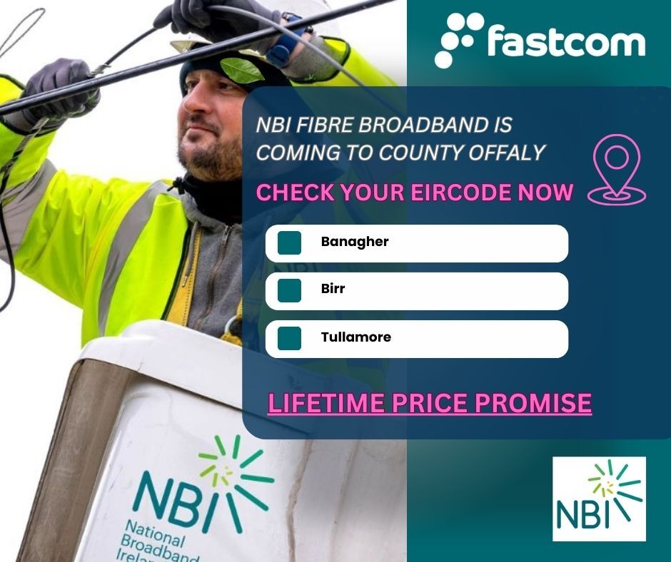 🌐 Great news for Offaly! High-speed fibre broadband is coming early in 2025, thanks to NBI &amp; Deputy Carol Nolan. Check your Eircode today! ➡️ fastcom.ie/nbi-broadband-… 
#OffalyBroadband #NationalBroadbandIreland