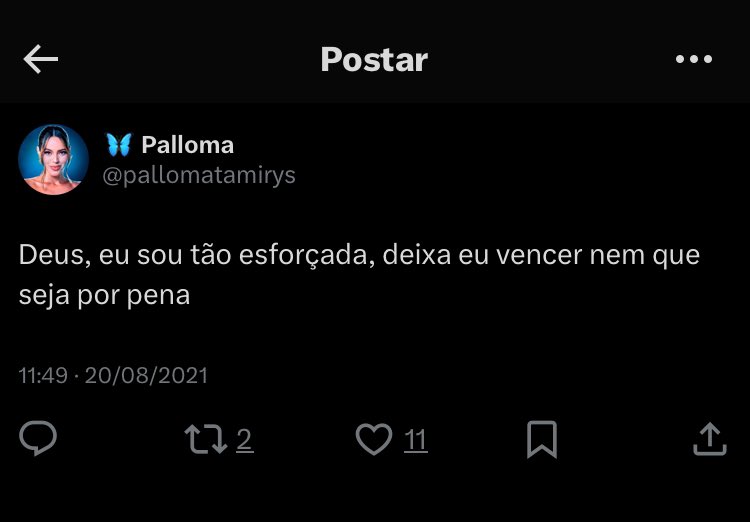 Meu Deus gente 😭😭 a Palloma em 2021..
E esse ano a diva vai vencer e não vai ser por pena, vai ser porque ela é boa demais, talentosa e a melhor de todos os tempos. 
#PallomaCampeã #CorridaDasBlogueiras
