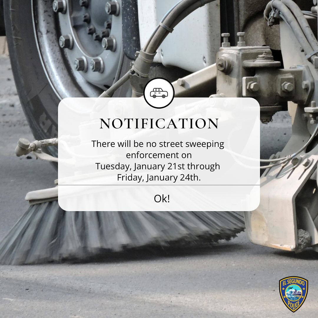 elsegundocity's tweet image. In response to the L.A. wildfires and El Segundo hosting fire evacuees, we will not be enforcing street sweeping again this week starting today, Tuesday, January 21st through Friday, January 24th.

#espd @southbay911