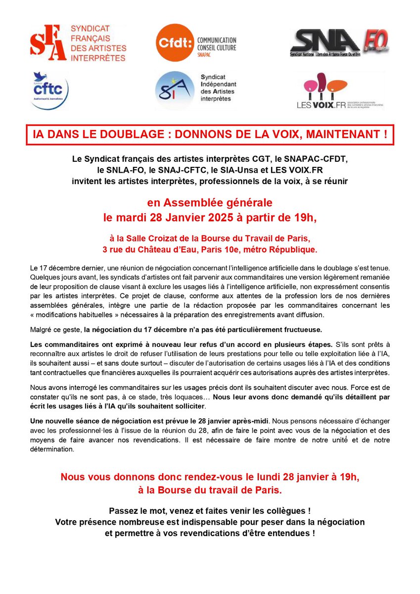 unsaspectcom's tweet photo. IA DANS LE DOUBLAGE : IL EST TEMPS DE RÉGULER 
#TouchePasMaVF
DONNONS DE LA VOIX MAINTENANT 
Assemblée Générale mardi 28 janvier - 19h
Salle Croizat - Bourse du travail de Paris
3, rue du Château d’Eau - Metro république https://t.co/5MH3iVbG8v